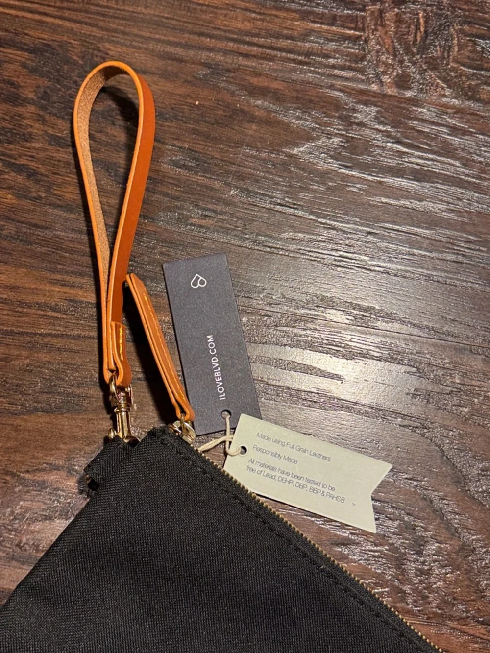 Boulevard Black Canvas Wristlet Clutch with Leather Tan Strap